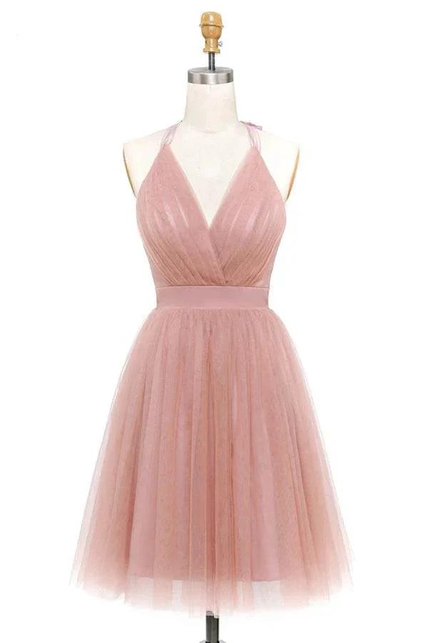 A-Line Pink Tulle Deep V-neck Backless Pleats Mini Homecoming Dress PD440 by pgmdress