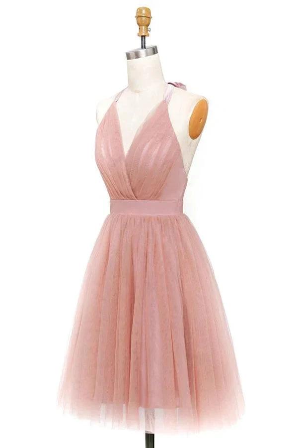 A-Line Pink Tulle Deep V-neck Backless Pleats Mini Homecoming Dress PD440 by pgmdress