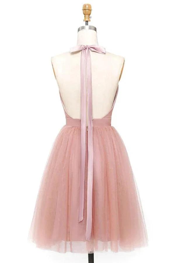 A-Line Pink Tulle Deep V-neck Backless Pleats Mini Homecoming Dress PD440 by pgmdress