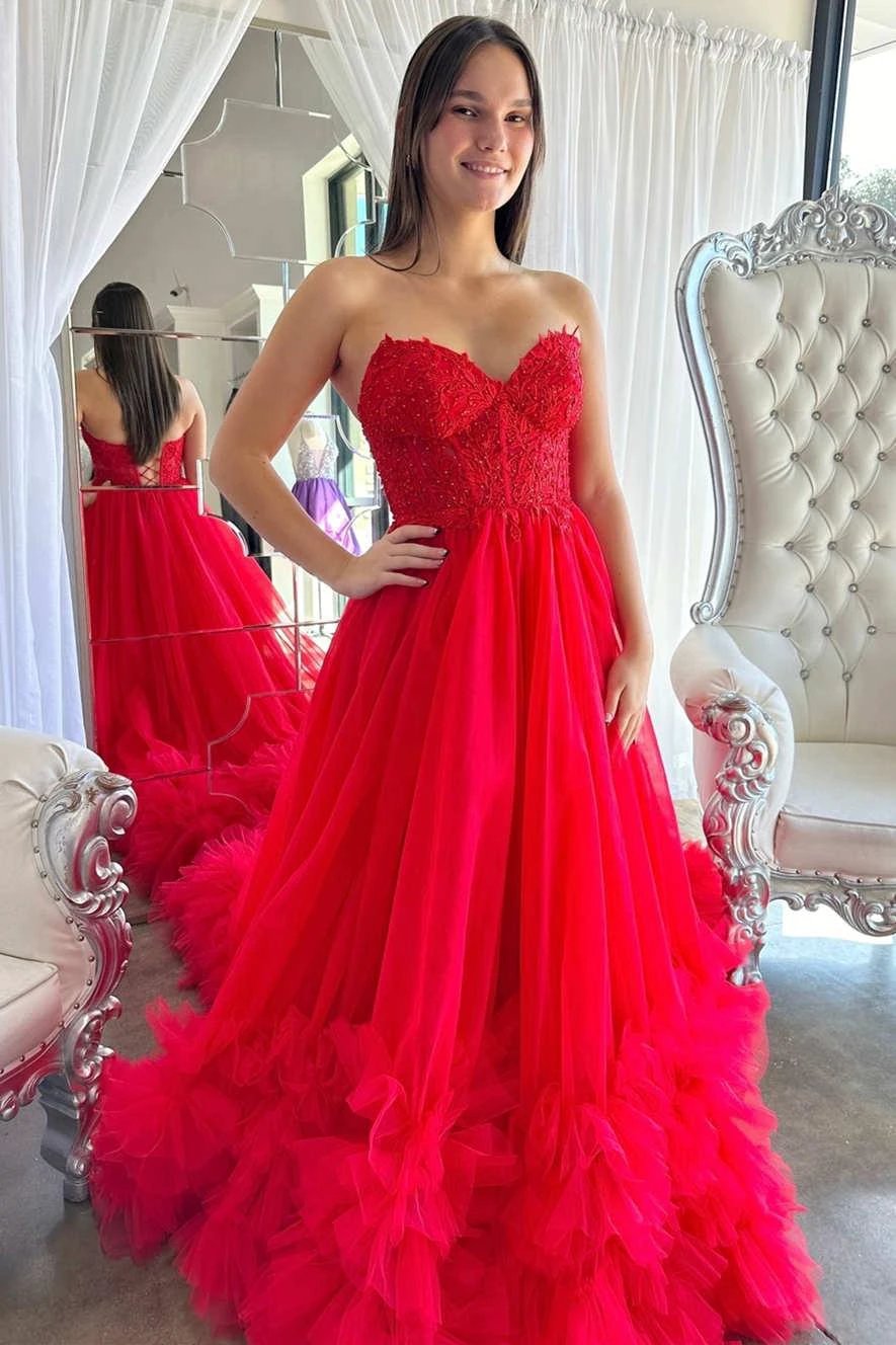 A-Line Red Sweetheart Corset Ruffle Prom Dress Formal Gown PSK493 by pgmdress