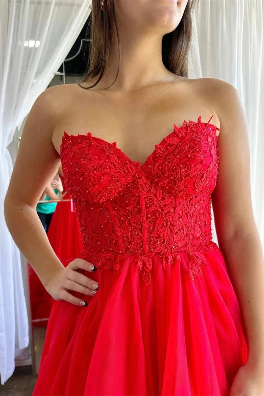 A-Line Red Sweetheart Corset Ruffle Prom Dress Formal Gown PSK493 by pgmdress
