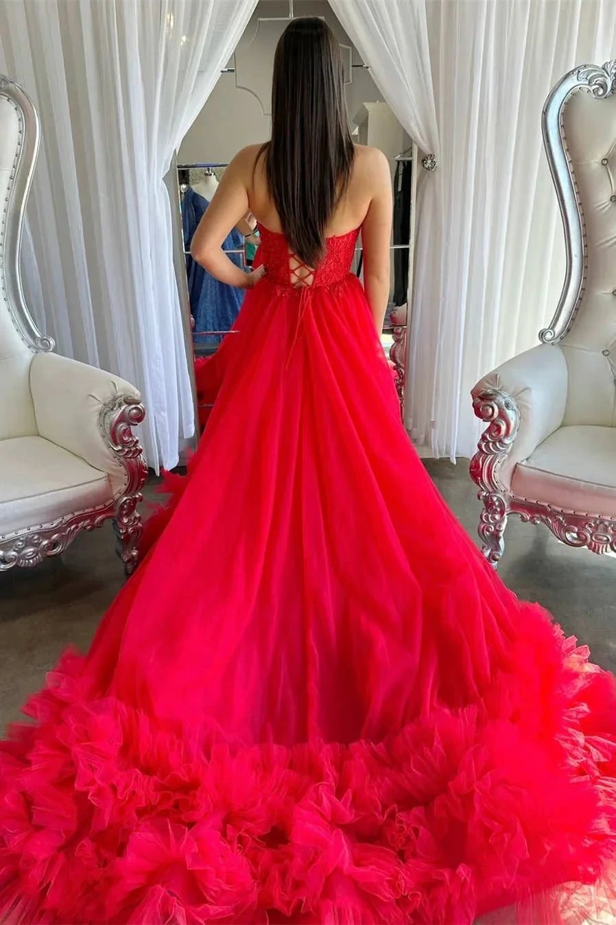 A-Line Red Sweetheart Corset Ruffle Prom Dress Formal Gown PSK493 by pgmdress