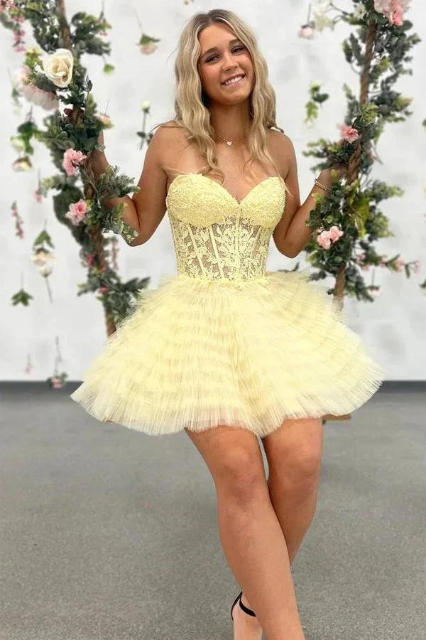 A-Line Ruffled Yellow Strapless Corset Homecoming Dress PD518 by pgmdress