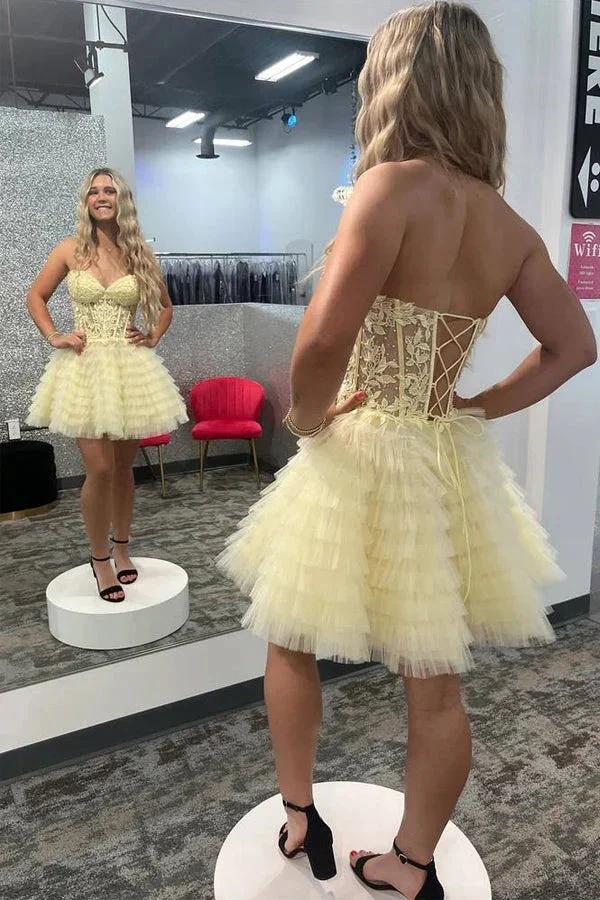 A-Line Ruffled Yellow Strapless Corset Homecoming Dress PD518 by pgmdress