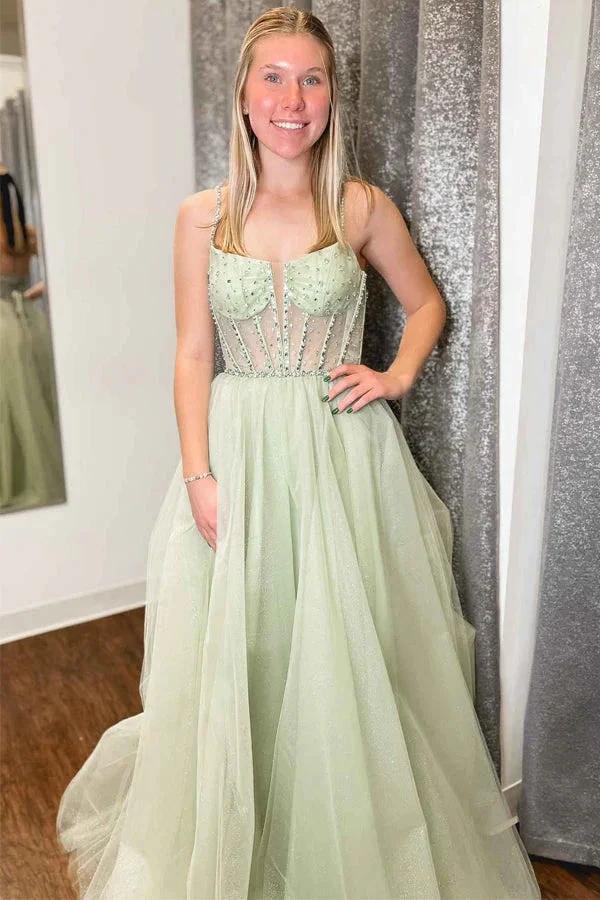 A-Line Sage Green Straps Sequin Beaded Tulle Prom Dress PSK488 by pgmdress