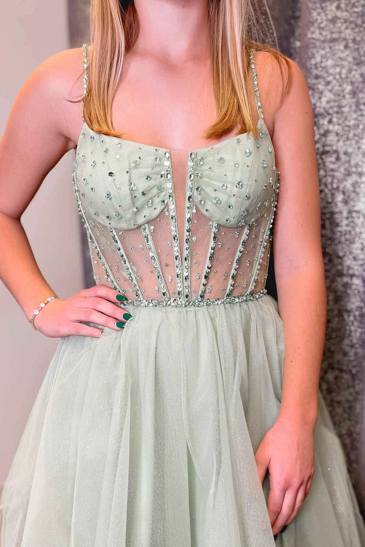 A-Line Sage Green Straps Sequin Beaded Tulle Prom Dress PSK488 by pgmdress