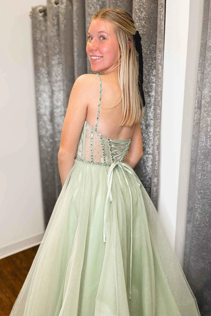 A-Line Sage Green Straps Sequin Beaded Tulle Prom Dress PSK488 by pgmdress