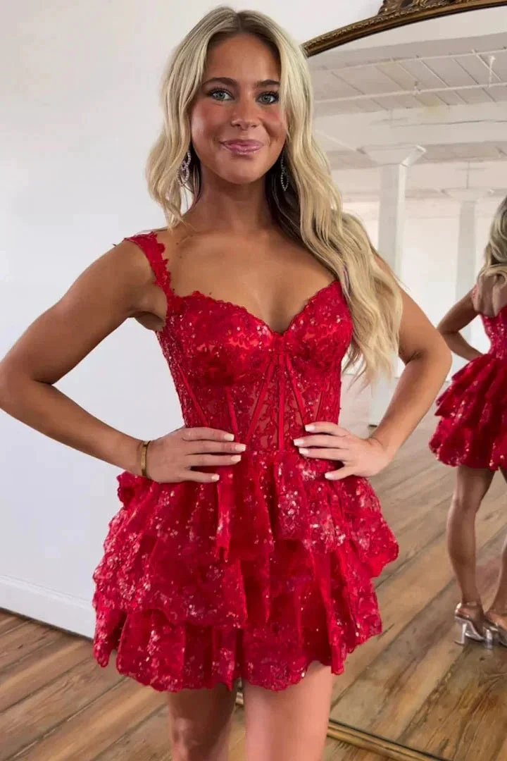 A-Line Sequins Appliques Red Short Homecoming Cocktail Dress PD497 by pgmdress