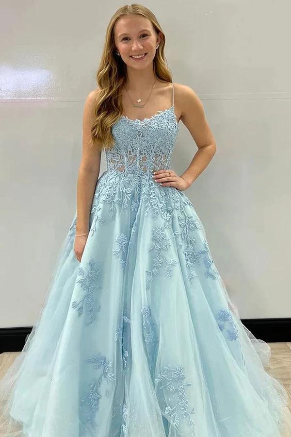 A-Line Spaghetti Straps Corset Back long Prom Dress With Appliques PSK435 by pgmdress