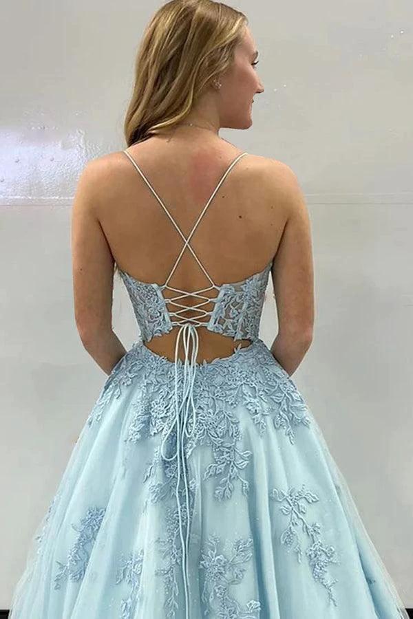 A-Line Spaghetti Straps Corset Back long Prom Dress With Appliques PSK435 by pgmdress