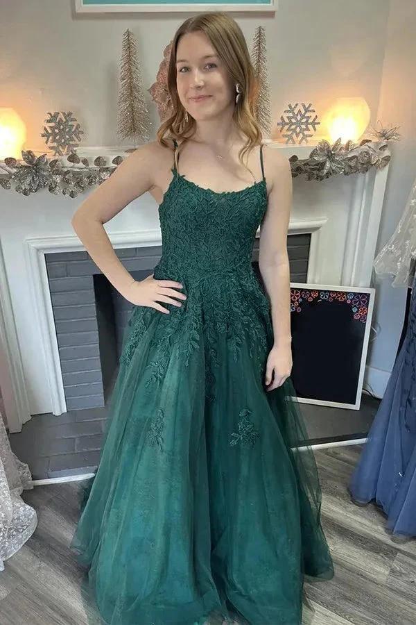 A-Line Spaghetti Straps Tulle Dark Green Long Prom Dress PSK586 by Pgmdress