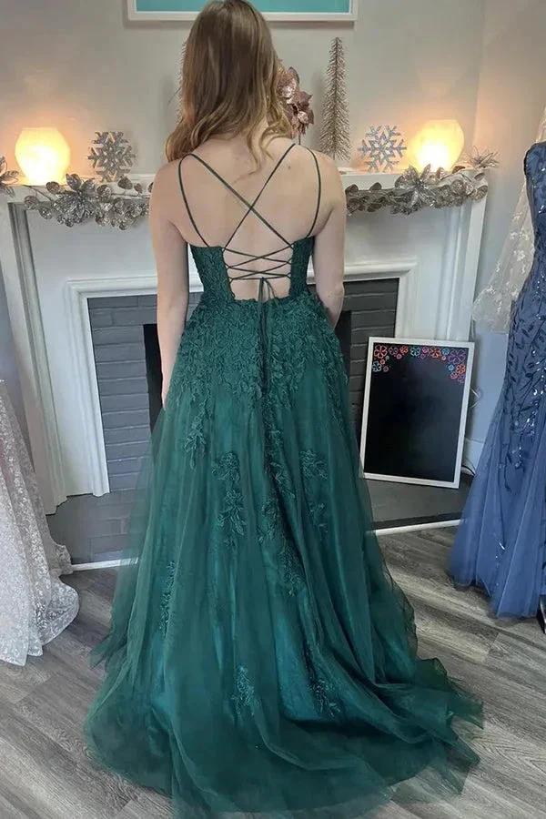 A-Line Spaghetti Straps Tulle Dark Green Long Prom Dress PSK586 by Pgmdress