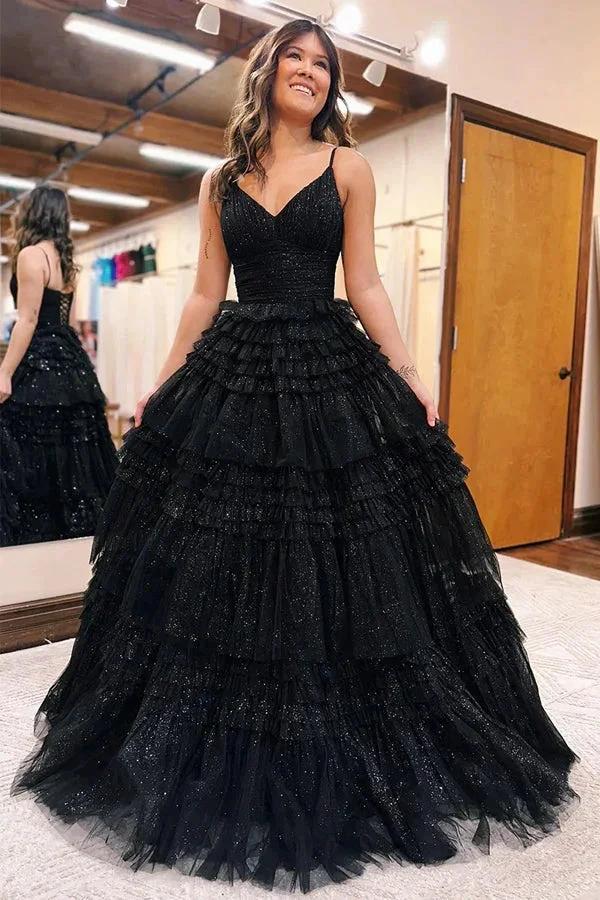 A-Line Spagnetti Straps V-Neck Tiered Tulle Long Prom Dress PSK528 by pgmdress