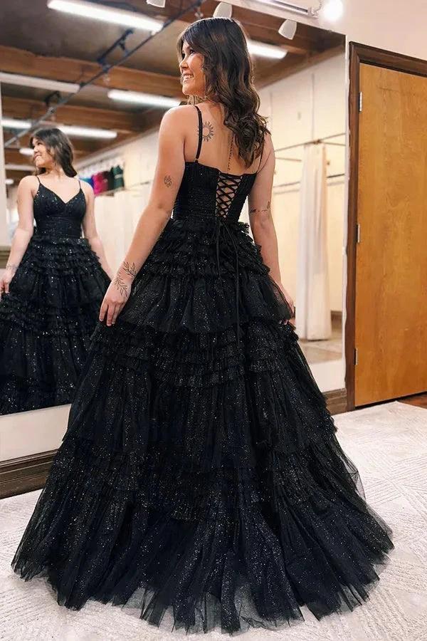 A-Line Spagnetti Straps V-Neck Tiered Tulle Long Prom Dress PSK528 by pgmdress
