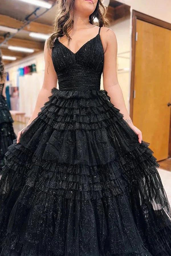 A-Line Spagnetti Straps V-Neck Tiered Tulle Long Prom Dress PSK528 by pgmdress