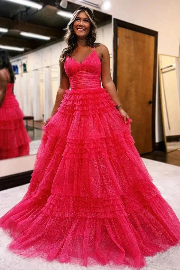 A-Line Spagnetti Straps V-Neck Tiered Tulle Long Prom Dress PSK528 by pgmdress