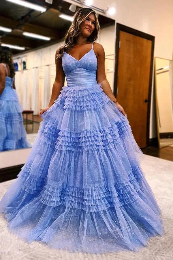 A-Line Spagnetti Straps V-Neck Tiered Tulle Long Prom Dress PSK528 by pgmdress