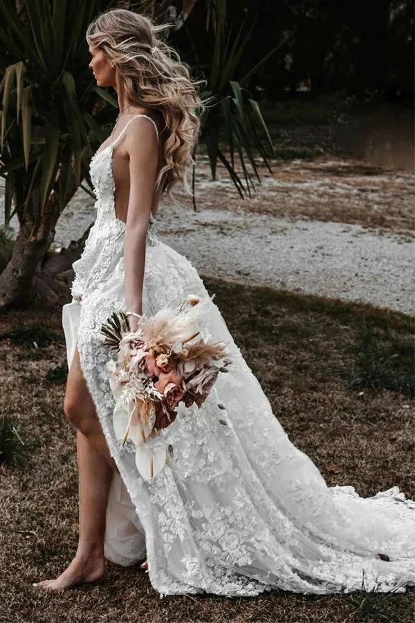 A-Line Straps Lace Beach Wedding Dress Boho Bridal Gown With Split WD657 by pgmdress