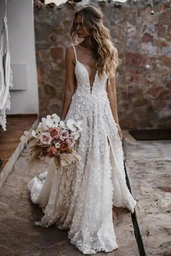 A-Line Straps Lace Beach Wedding Dress Boho Bridal Gown With Split WD657 by pgmdress