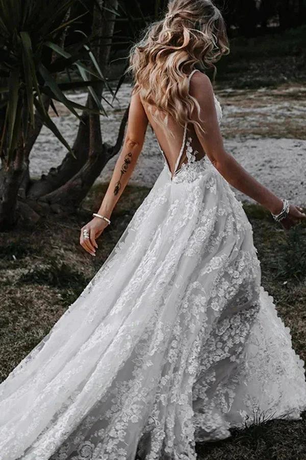 A-Line Straps Lace Beach Wedding Dress Boho Bridal Gown With Split WD657 by pgmdress