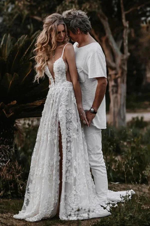 A-Line Straps Lace Beach Wedding Dress Boho Bridal Gown With Split WD657 by pgmdress