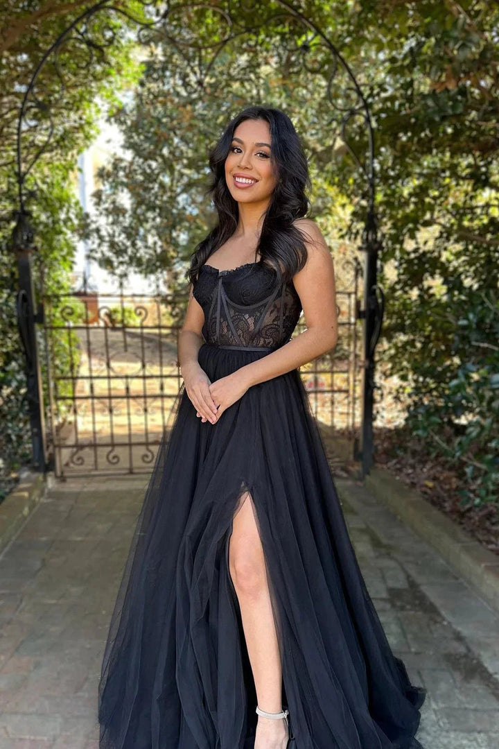 A-Line Sweetheart Neck Black Lace Long Prom Dress Formal Dress PSK395 by pgmdress