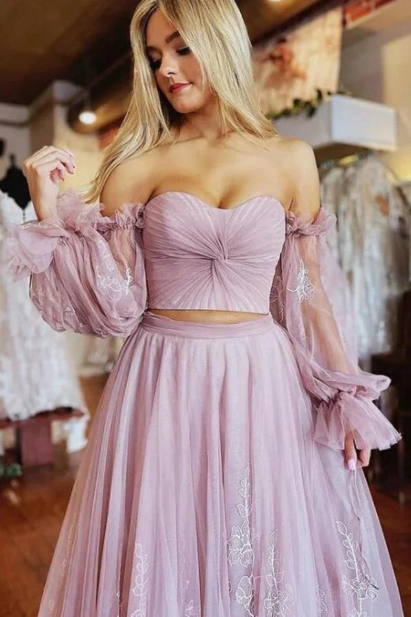 A-Line Two-Piece Dusty Pink Prom Dress with Sleeves PSK508 by pgmdress