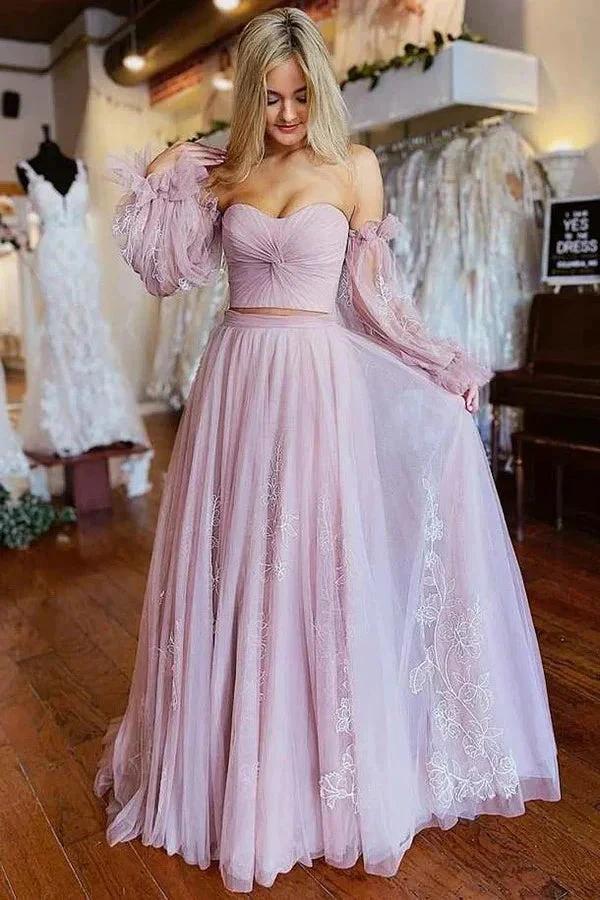 A-Line Two-Piece Dusty Pink Prom Dress with Sleeves PSK508 by pgmdress