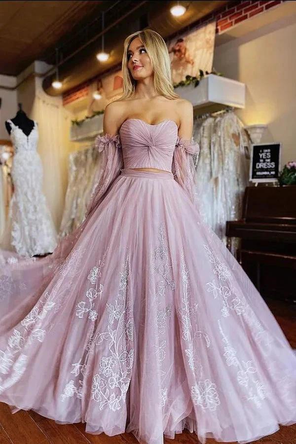 A-Line Two-Piece Dusty Pink Prom Dress with Sleeves PSK508 by pgmdress