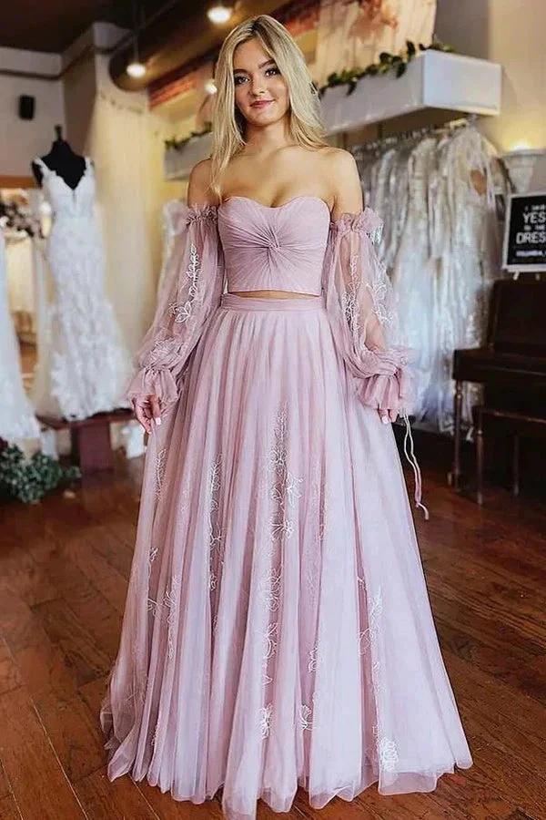 A-Line Two-Piece Dusty Pink Prom Dress with Sleeves PSK508 by pgmdress