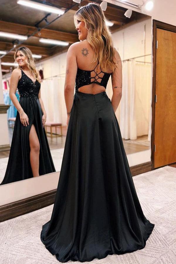 A-Line V-Neck Black Long Prom Dress With Pockets PSK399 by pgmdress