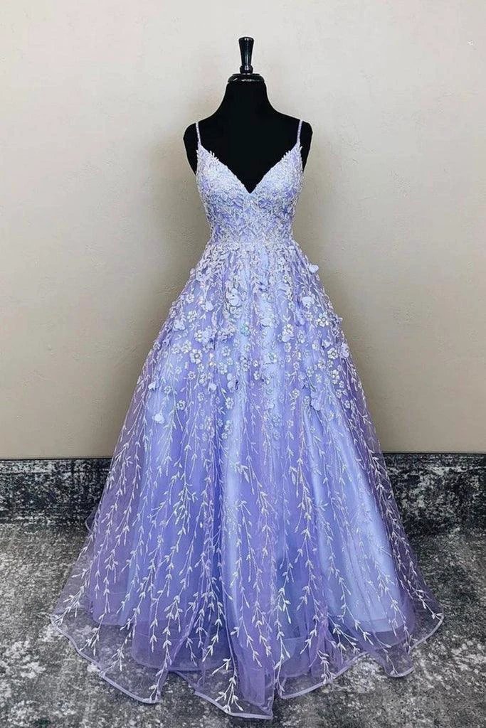 A-Line V-Neck Lavender Lace Floral Long Prom Evening Dress PSK385 by pgmdress