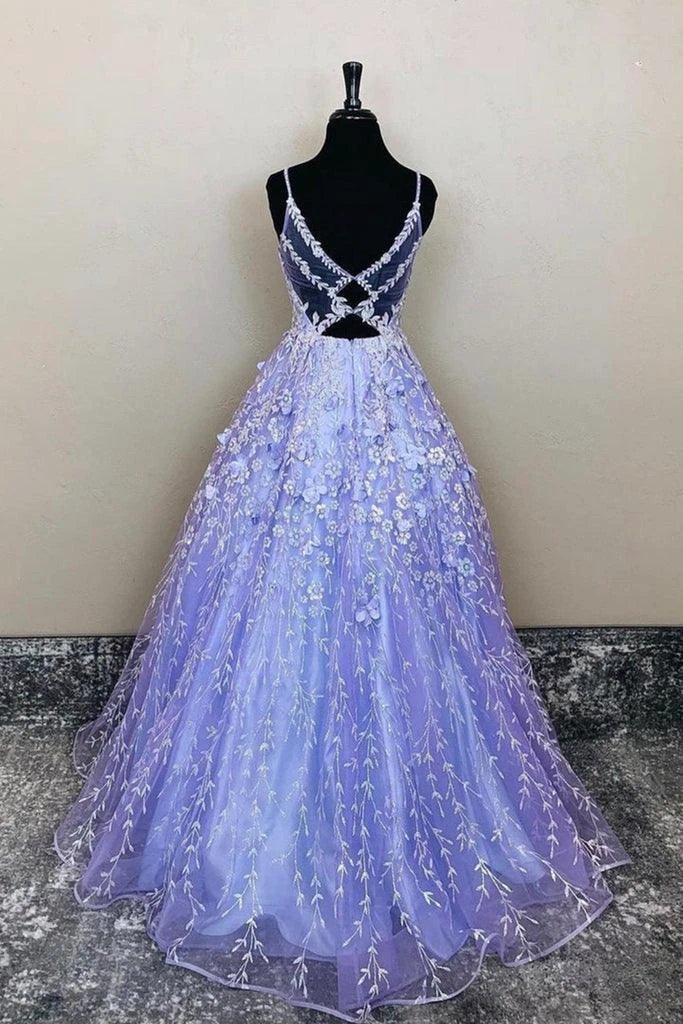 A-Line V-Neck Lavender Lace Floral Long Prom Evening Dress PSK385 by pgmdress
