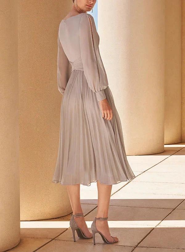A-Line/Princess V-Neck Long Sleeves Tea-Length Chiffon Mother Of The Bride Dresses by Dreamylily