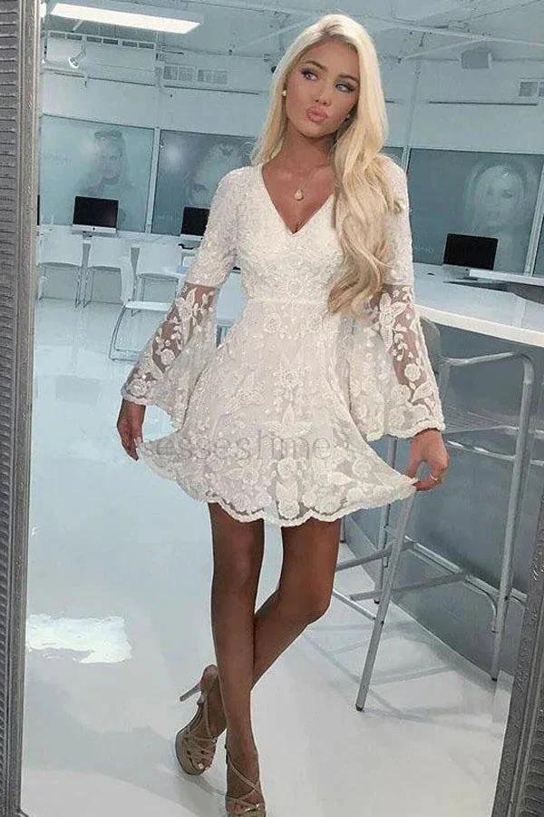 A-Line Bell Sleeves Short Ivory Lace Homecoming Dress Graduation Dresses PD495 by pgmdress
