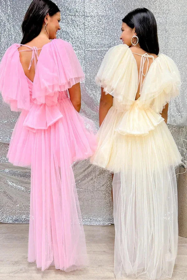A-Line V Neck Pink Homecoming Dress With Flutter Sleeves PD506 by pgmdress