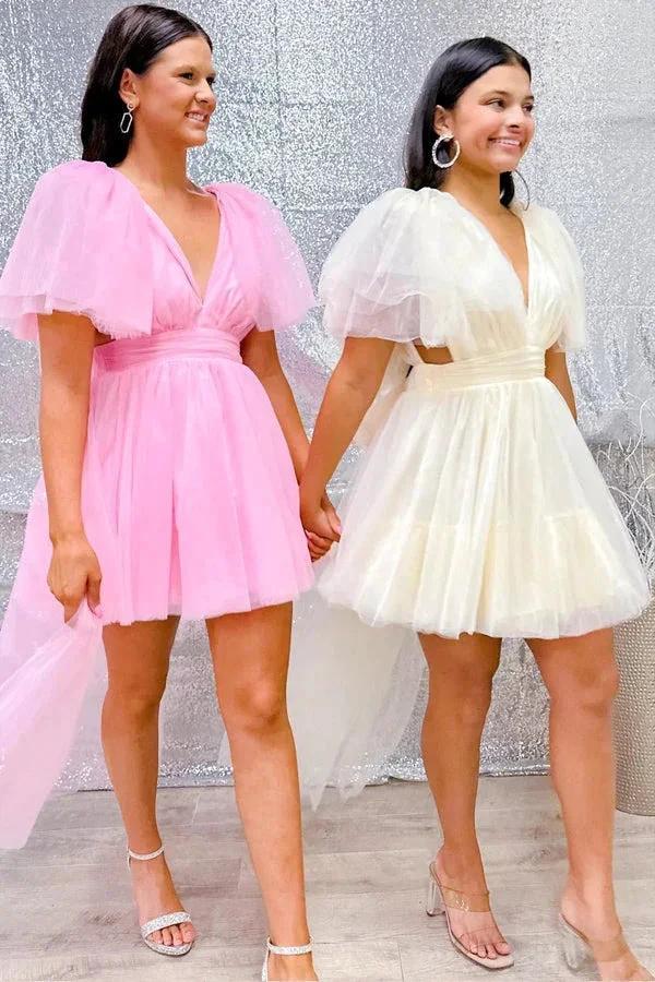 A-Line V Neck Pink Homecoming Dress With Flutter Sleeves PD506 by pgmdress