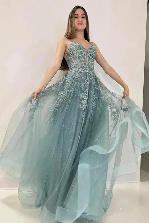 A-Line V Neck Tulle Lace Gray Green Long Prom Dress PSK506 by pgmdress