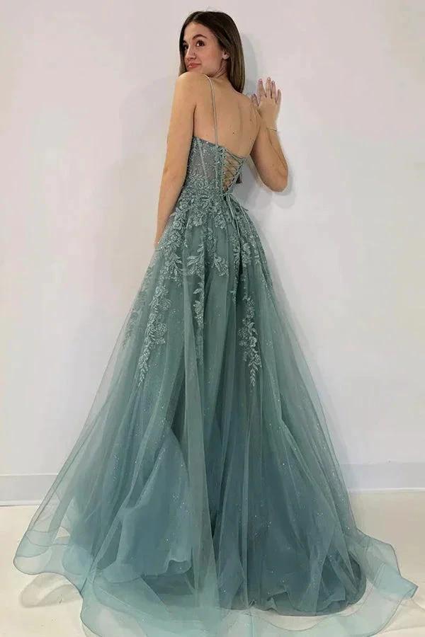 A-Line V Neck Tulle Lace Gray Green Long Prom Dress PSK506 by pgmdress