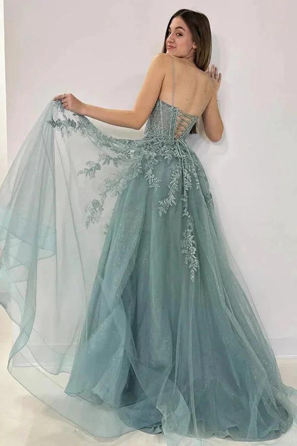 A-Line V Neck Tulle Lace Gray Green Long Prom Dress PSK506 by pgmdress