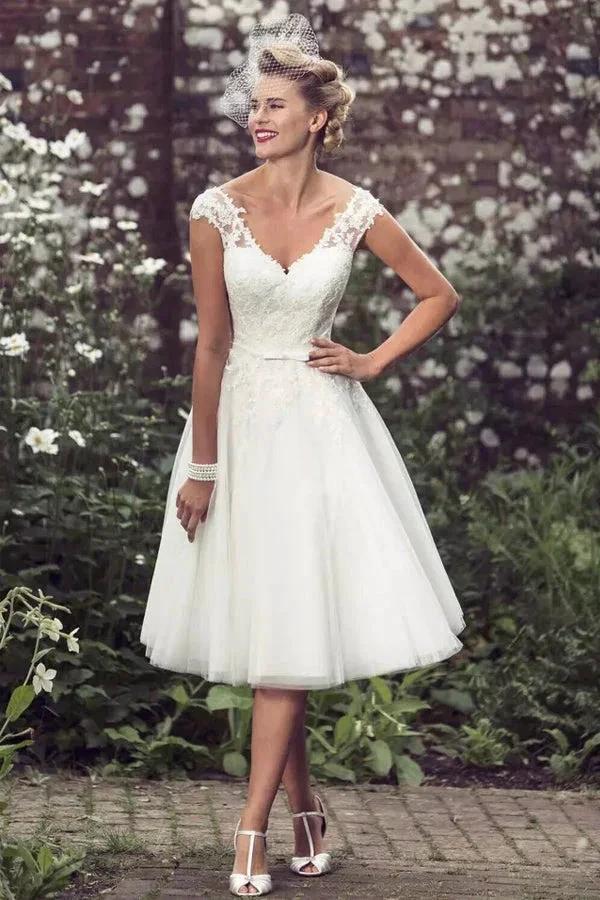 A-Line Wedding Dress Tea Length Lace Short Bridal Gown WD747 by pgmdress