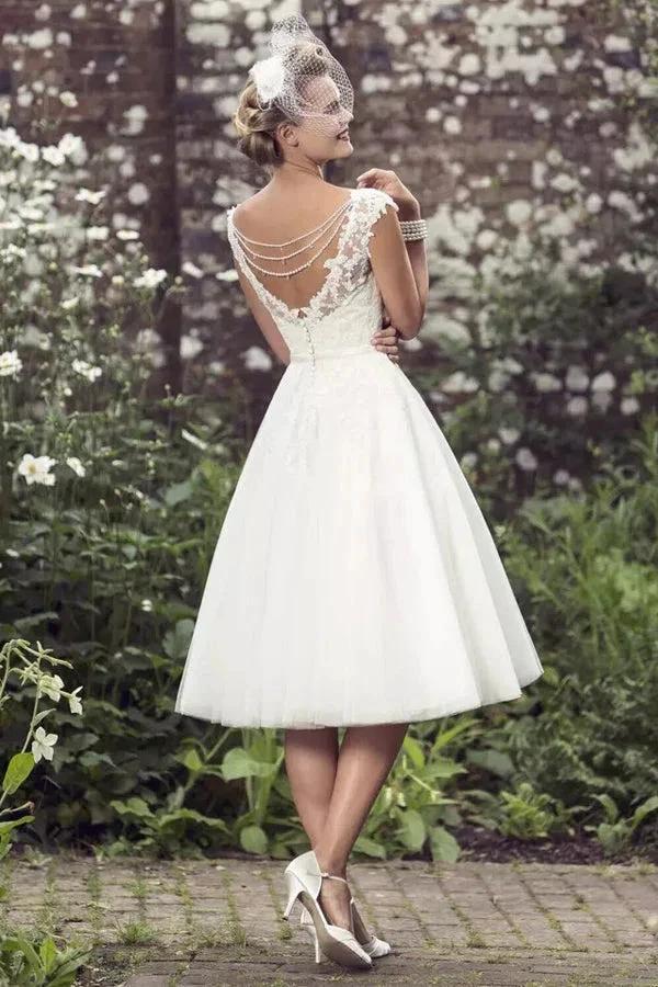 A-Line Wedding Dress Tea Length Lace Short Bridal Gown WD747 by pgmdress