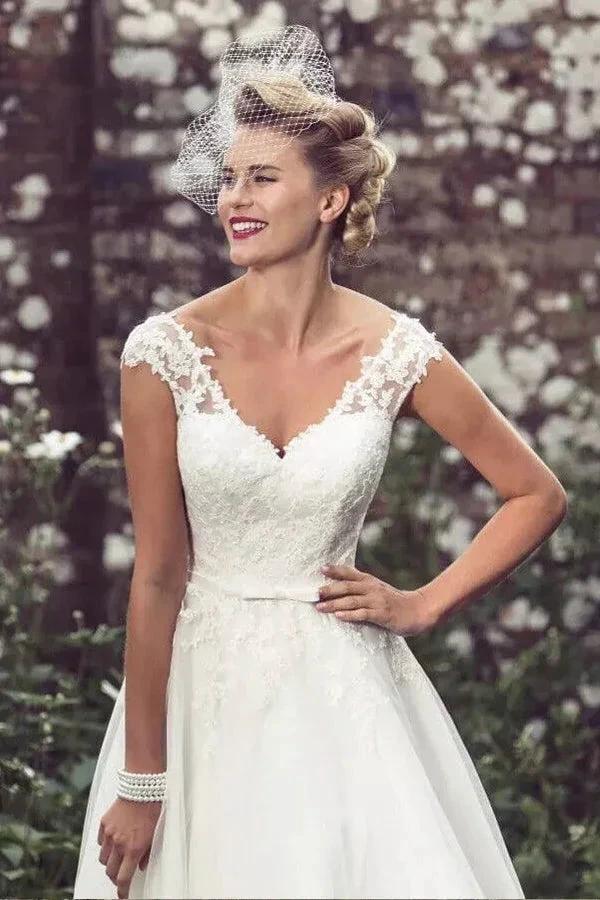 A-Line Wedding Dress Tea Length Lace Short Bridal Gown WD747 by pgmdress
