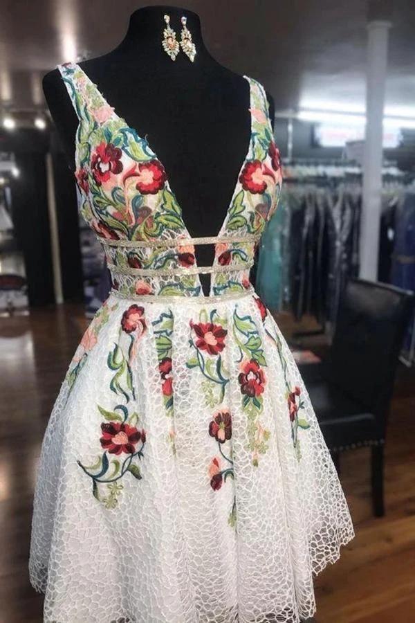A-line White Short Prom Dress Homecoming Dress with Floral PD248 by pgmdress