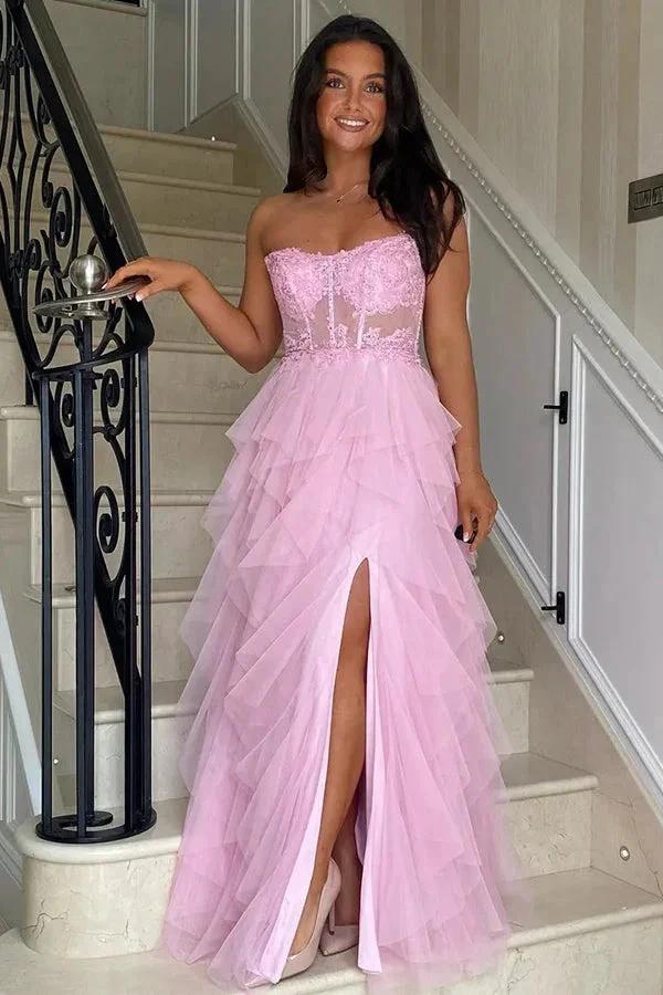 A-Line Ruffles Appliques Corset Pink Long Prom Dress with Slit PSK604 by pgmdress