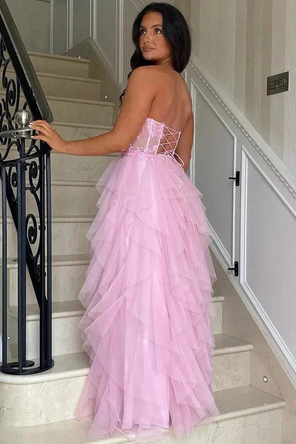 A-Line Ruffles Appliques Corset Pink Long Prom Dress with Slit PSK604 by pgmdress