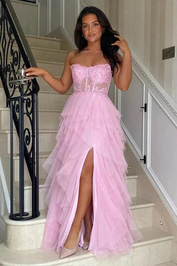 A-Line Ruffles Appliques Corset Pink Long Prom Dress with Slit PSK604 by pgmdress