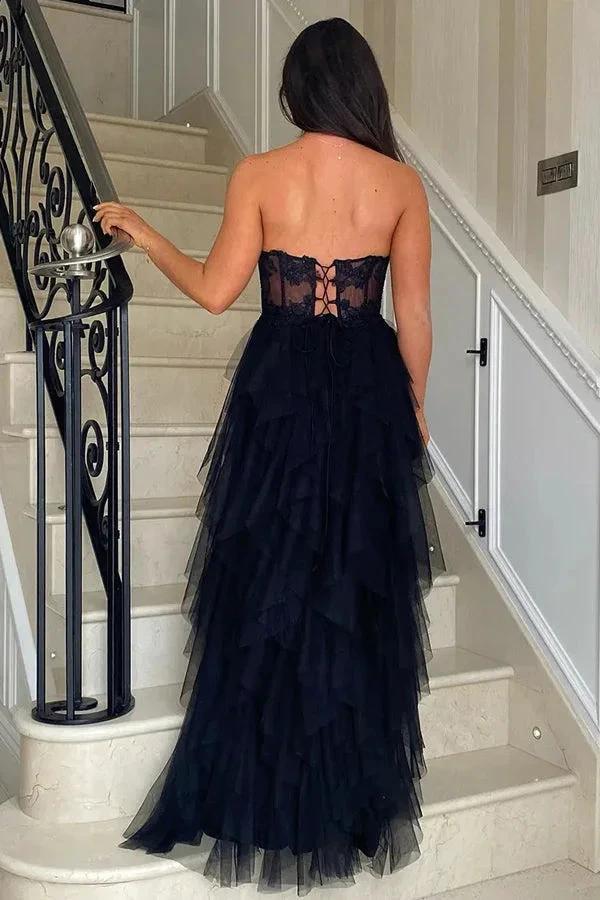 A-Line Ruffles Appliques Corset Pink Long Prom Dress with Slit PSK604 by pgmdress