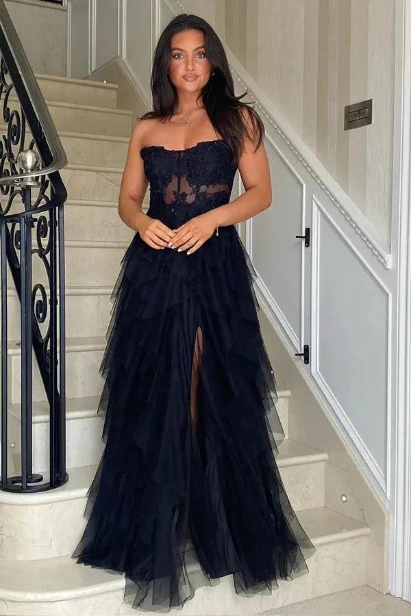 A-Line Ruffles Appliques Corset Pink Long Prom Dress with Slit PSK604 by pgmdress