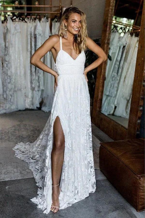 A-Line Straps Backless Court Train Lace Beach Wedding Dress WD108 by pgmdress